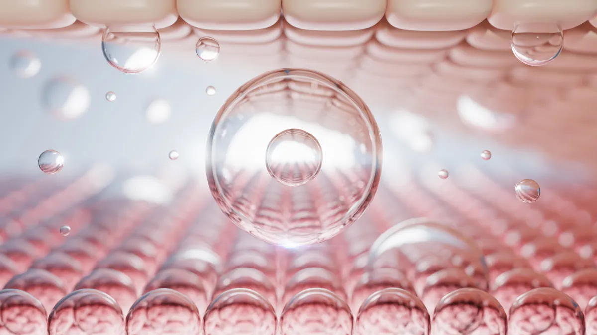 Microscopic representation of biocompatible hydrogel for skin bioprinting. Bioink droplets containing collagen, hyaluronic acid, and elastin molecules suspended over regenerated dermal tissue, showing the molecular structure of biogel used in Biopen4Reg.