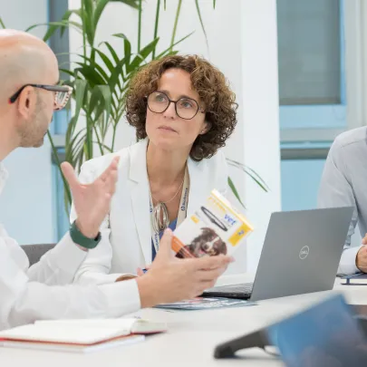 Three Bioiberica professionals collaborating at work table