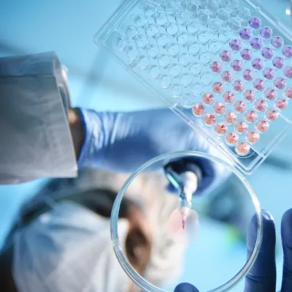 Scientist hands holding test tube in research laboratory