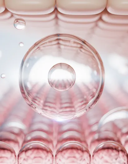 Microscopic representation of biocompatible hydrogel for skin bioprinting. Bioink droplets containing collagen, hyaluronic acid, and elastin molecules suspended over regenerated dermal tissue, showing the molecular structure of biogel used in Biopen4Reg.