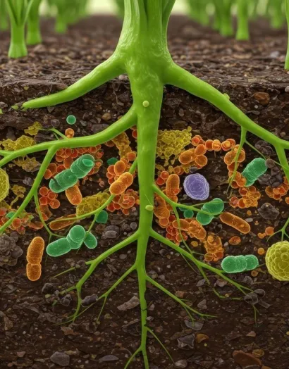 Cross-section illustration of a plant root system surrounded by diverse soil microorganisms in the rhizosphere, representing microbial biostimulant activit